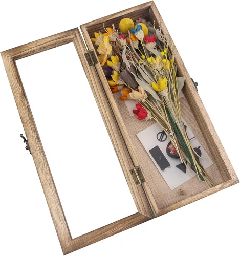 Vista 4 de GraduatePro Marco tipo shadow box: caja expositora de 5x12 con parte trasera de lino, puerta de vidrio real con bisagra, marco para fotos, ramo