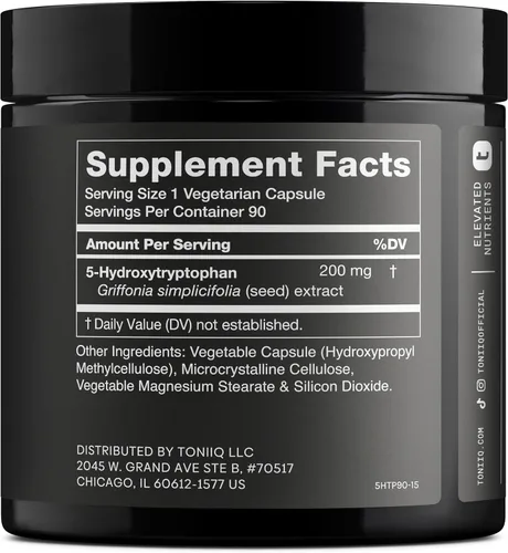 Vista 2 de Toniiq Cápsulas 5HTP de ultra alta resistencia – 99% más altamente purificadas y biodisponibles – Extracto concentrado 12:1 – 200 mg – 90 cápsulas