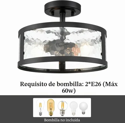Vista 4 de Moose Lámpara de techo semiempotrada negra de 2 luces con vidrio martillado