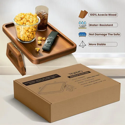 Vista 7 de Tinamo Mesa de brazo de acacia de 13.75 x 9.5 pulgadas, bandeja de brazo de sofá de madera, mesa de reposabrazos para sofá, bandeja de reposabrazos
