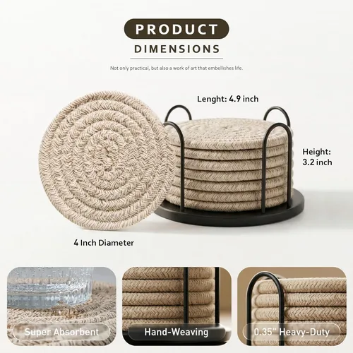 Vista 4 de Juego de posavasos Lazebox de 8 para bebidas, cerveza, café, posavasos absorbentes tejidos de algodón con soporte, posavasos boho para decoración