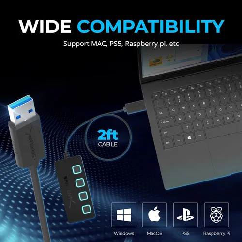 Vista 2 de SABRENT Hub USB 3.0 de 4 puertos con interruptores de alimentación individuales iluminados por LED, incluye adaptador de corriente de 5V/2.5A