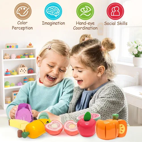 Vista 3 de WHOHOLL Juego de 42 piezas de comida de juego para jugar, accesorios de cocina, juguetes de madera para cortar alimentos, frutas y verduras