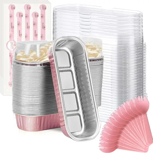 Vista 22 de Findful Mini Moldes para Hornear Pan con Tapas y Cucharas (Paquete de 50, 6.8oz) Moldes Rectangulares de Papel de Aluminio para Hornear Recipientes
