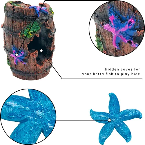 Vista 3 de GSD Star-Fish Broken Barrel Decor Resina Betta Tank Accesorios Adornos para decoraciones de Cuevas Ocultas x 1 Barril Roto, Adornos de Pez Estrella