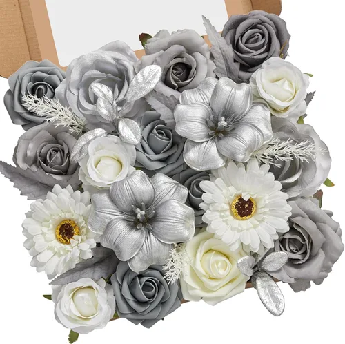 Vista 17 de Serwalin Flores artificiales, rosas polvorientas, flores de seda falsas para bricolaje, ramos de novia, rosas falsas rosas, combinados, centros