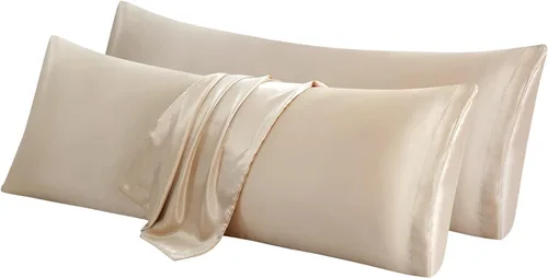 Vista 29 de Aormenzy Juego de 2 fundas de almohada de satén beige para cabello y piel, fundas de almohada de satén para mujer, tamaño estándar, con cierre