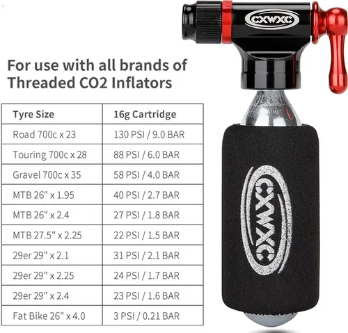 Vista 5 de Kit de inflador de CO2 con 5 cartuchos roscados de CO2 de 0.56 oz, compatible con válvulas Presta y Schrader, bomba portátil de neumáticos