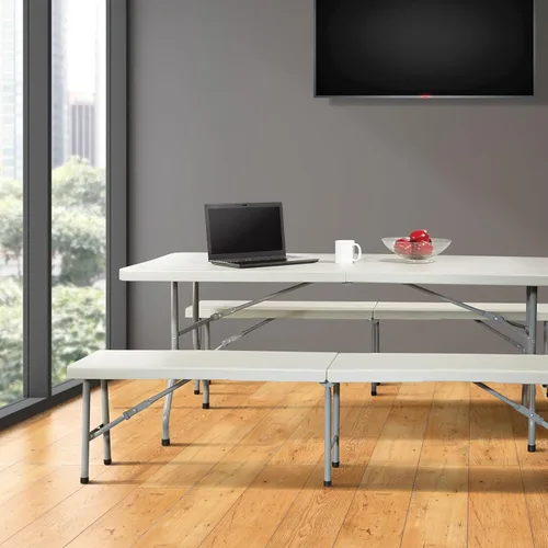 Vista 4 de Muebles de resina Office Star para uso en interiores o exteriores, juego de 3 piezas, 2 bancos plegables y mesa de 6 pies