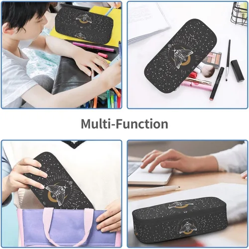 Vista 8 de Estuche para lápices negro y blanco místico con mariposa, estuche para lápices con compartimentos con cremallera para niños, adolescentes