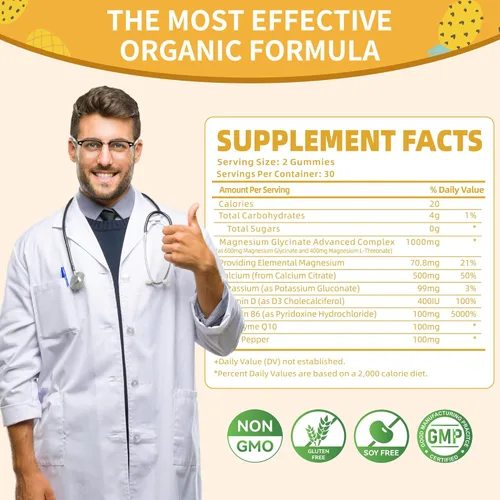 Vista 4 de Gomitas de glicinato de magnesio 1000mg - Suplemento de magnesio y potasio sin azúcar con vitamina D, B6, CoQ10 para el estado de ánimo tranquilo