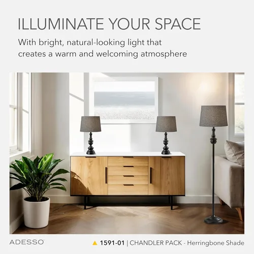 Vista 2 de Adesso Juego de lámparas de 3 piezas: dos lámparas de mesa y una lámpara de pie - Base con acabado de bronce, sombra de espiga oscura, iluminación