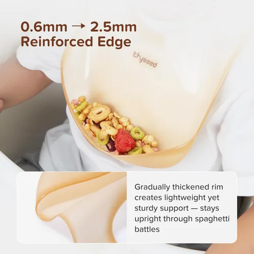 Vista 4 de thyseed Baberos de silicona ultrafinos y ligeros impermeables para bebés que comen niños pequeños, atrapador de alimentos de silicona con bolsa