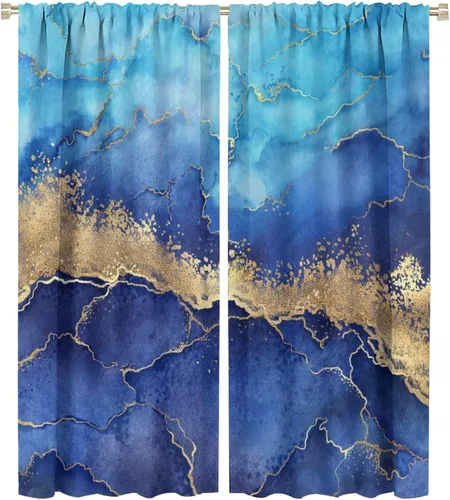 Vista 16 de Cortinas abstractas con estampado de mármol negro y dorado, patrón retro para sala de estar, cocina, dormitorio, paneles opacos de 42 x 45 pulgadas