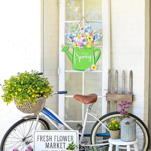 Vista 9 de Letrero de puerta de decoración de primavera, colgante de puerta de madera de bienvenida con texto en inglés «Hello Spring» para primavera, Pascua