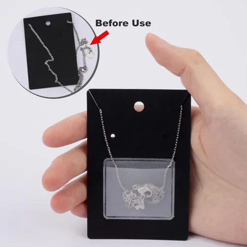 Vista 4 de Temlum 100 tarjetas de exhibición de joyas con 100 bolsas adhesivas y bolsas transparentes, soportes para tarjetas de collar y aretes para vender