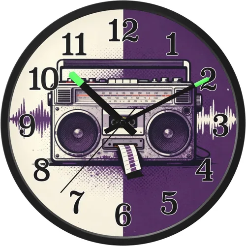 Battery Operated Silent Non-Ticking Clock Luminous Voice-Activated Silent Clocks Retro Tape Drive Rhythm Purple White 12 Inch for Office, Home,