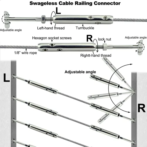 Vista 2 de Tensores Swageless para postes de metal, kit de herramientas de barandilla de cable, para sistema de barandilla de cable de acero inoxidable 1/8