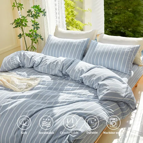 Vista 3 de DONEUS Juego de funda de edredón a rayas azules, 100% algodón lavado tipo lino, súper suave, transpirable, cómodo, juego de ropa de cama de 3 piezas