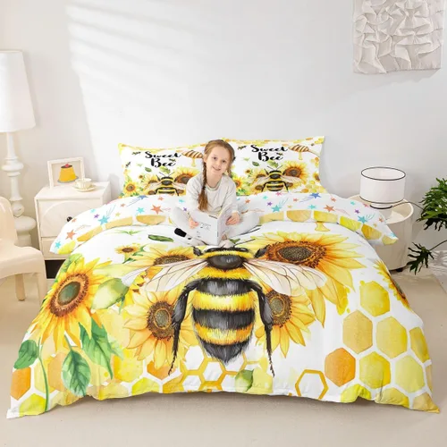 Vista 12 de Juego de ropa de cama de abeja amarilla para niñas y niños, funda de edredón con textura de madera de abeja tamaño Queen, funda de edredón de abeja