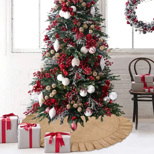 Vista 6 de Falda de árbol de Navidad, falda de árbol de arpillera de lino con borde con volantes, falda rústica de arpillera de árbol de Navidad