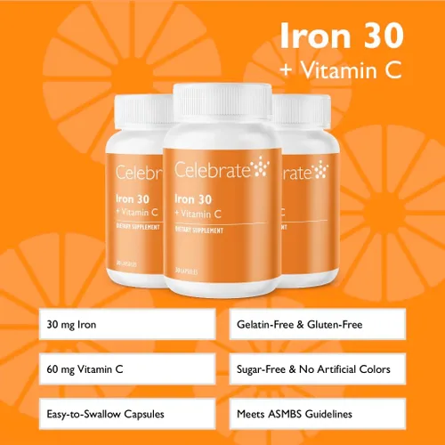 Vista 2 de Suplemento de hierro con vitamina C, 30 mg de hierro, 60 mg de vitamina C, vitaminas bariátricas para pacientes con WLS, manga vertical y cirugía