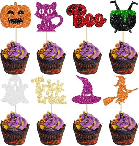Vista 24 de Gyufise 1 pieza de decoración de pastel de cumpleaños con purpurina montada de terror clásico de Halloween para temática de terror sangriento
