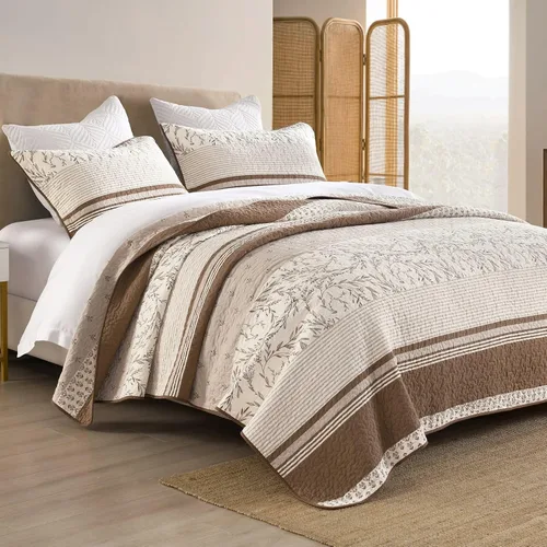 Vista 3 de DDUOXIN Edredón 100% algodón, tamaño Queen, moderno edredón botánico a rayas con 2 fundas de almohada, colcha juego de ropa de cama reversible