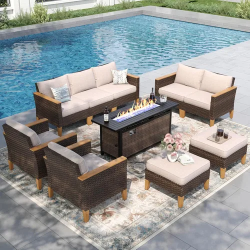 Vista 28 de PHI VILLA Otomana de mimbre para patio, 2 piezas, asiento otomano de mimbre para todo tipo de clima, reposapiés para exteriores con cojines