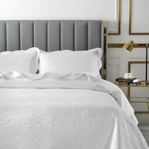 Vista 32 de Juego de edredón azul floral con patrón de bordado 3D de 2 piezas, 100% algodón, reversible, acolchado bordado decorativo, cubrecamas, juego