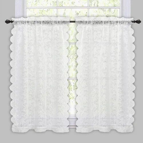Vista 2 de Cortinas de encaje floral blanco puro de 36 pulgadas de largo, cortinas de cocina de encaje blanco con patrón floral de rosa campestre, cortinas
