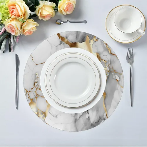 Vista 3 de Round Placemats Set of 6, White Golden Marble Pattern Heat Resistant Washable Place Mats Table Mat for Kitchen Dining Party