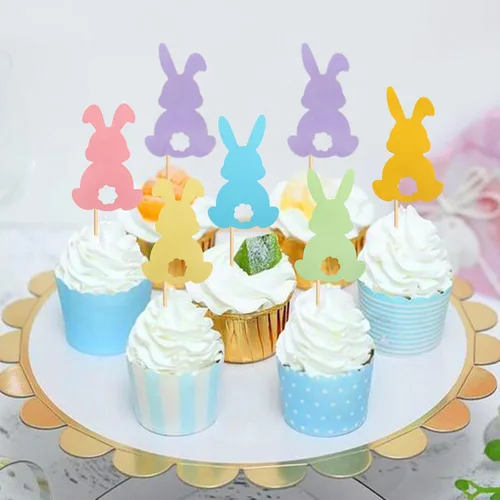 Vista 3 de Ercadio 24 piezas coloridas de doble cara para conejos de Pascua para cupcakes de conejito de Pascua, decoración de pasteles, conejo, baby shower