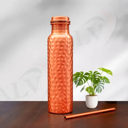 ALV Botella de agua de cobre con sorbo para beber, 34 onzas, grande martillada, 100% ayurvédica, botella de cobre puro de alta calidad, a prueba de