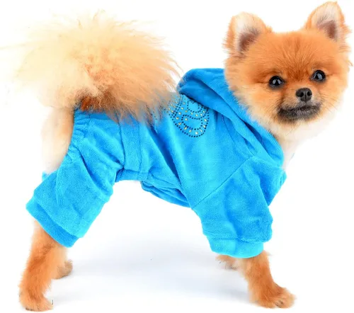 Vista 4 de SMALLLEE_LUCKY_STORE Ropa para mascotas para perros pequeños y gatos, mono con capucha de terciopelo suave con corona, abrigo, pijama, chándal, Azul