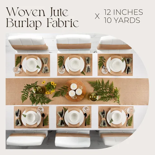 Vista 2 de Caminos de mesa de arpillera, 12 pulgadas de ancho x 30 pies de largo, rollo de tela arpillera Camino de mesa que no se deshilacha debido a