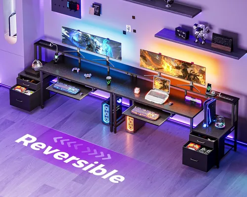 Vista 7 de AODK Escritorio para computadora con cajones y bandeja para teclado, escritorio de oficina de 63 pulgadas con toma de corriente, escritorio