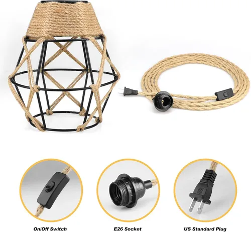 Vista 6 de Lámpara colgante enchufable, lámpara colgante industrial con cable de enchufe, interruptor de encendido/apagado de cuerda de cáñamo, lámpara