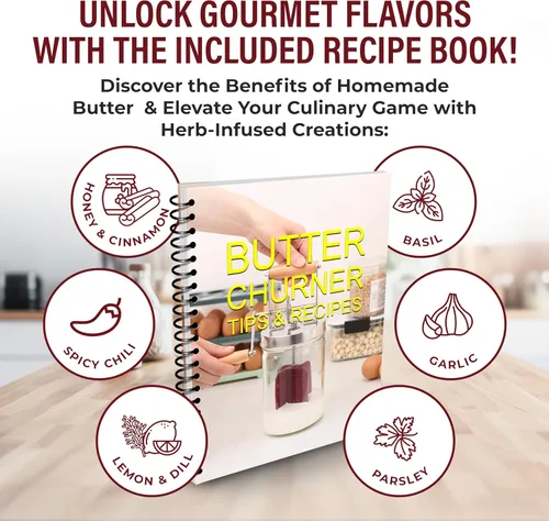 Vista 6 de Dazey Butter Churner – Mantequilla Crock, paño de queso, paletas, libro de recetas incluido – Máquina manual de mantequilla de manivela – Crea