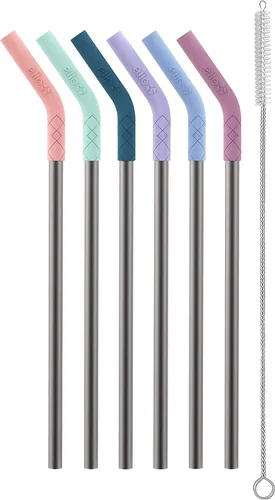 Vista 7 de Ello Impact - Paquete de 4 pajitas de metal reutilizables con puntas de silicona hechas de acero inoxidable, aptas para lavavajillas, sin BPA