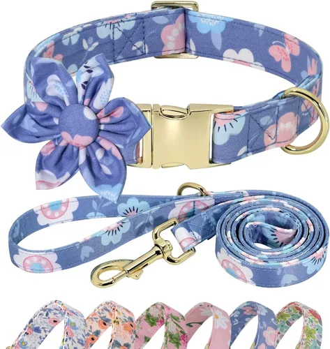 Vista 11 de Beirui Lindo juego de collar y correa para perras hembras, collar floral de perro con flor para perros pequeños, medianos y grandes, cachorros, XS