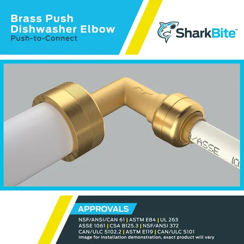 Vista 4 de SharkBite Codo de lavavajillas de 90 grados de 1/2 pulgada x 3/8 pulgadas, MNPT, empuje para conectar accesorios de plomería de latón, tubo PEX