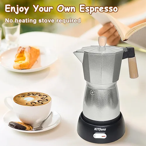 Vista 2 de Cafetera Eléctrica de Café Espresso, Cafetera Italiana, Olla Moka Eléctrica, Cafetera Cubana, Cafeteras Eléctricas Portátiles Espresso con Base Gris