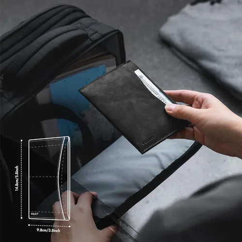 Vista 6 de VULKIT Funda para pasaporte, diseño ultradelgado, funda de piel para pasaporte, bloqueo RFID con 2 ranuras para tarjetas, artículos esenciales