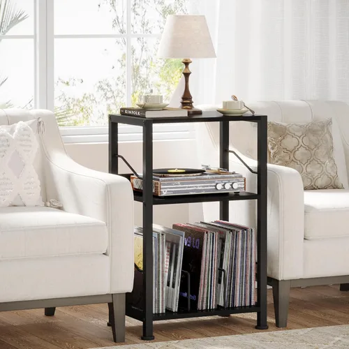 Vista 3 de Hosfais Soporte para tocadiscos de 3 niveles, discos de vinilo retro para almacenamiento de discos de vinilo para sala de estar y dormitorio (negro)