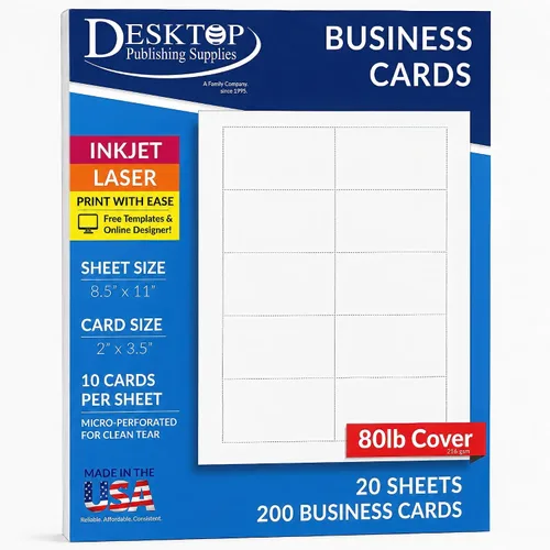 Papel blanco pesado para tarjetas de visita en blanco, 20 hojas, 200 tarjetas de visita, cubierta de 80 libras, 7.69 oz/m², compatible con