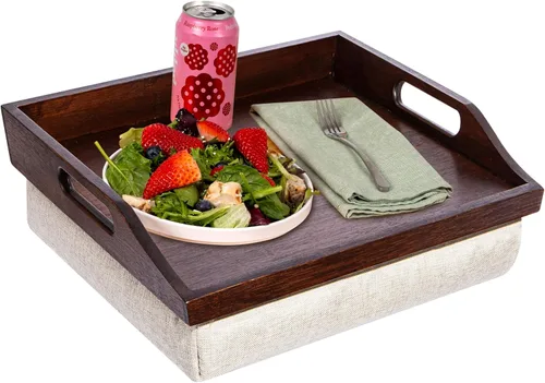 Vista 12 de ROSSIE HOME Bandeja de Cama de Madera de Acacia, Escritorio de Regazo con Cojín Desmontable, Bandeja para Servir - Natural - Se Adapta a Portátiles
