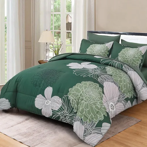 Vista 87 de Yiran - Juego de 7 piezas de edredón floral azul, juego de cama en una bolsa, tamaño Queen, juego de edredón de microfibra suave