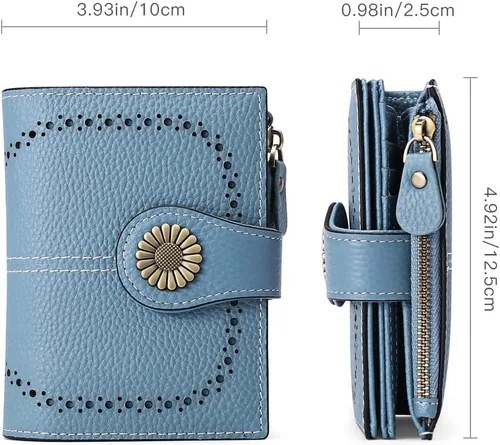 Vista 3 de SENDEFN - Billetera pequeña de piel auténtica para mujer, diseño plegable con ventana para tarjeta de identificación