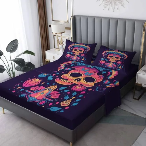 Vista 10 de Juego de sábanas de calavera de azúcar tamaño individual, sábanas de microfibra suave y bolsillo profundo y sábanas y fundas de almohada, 1 sábana